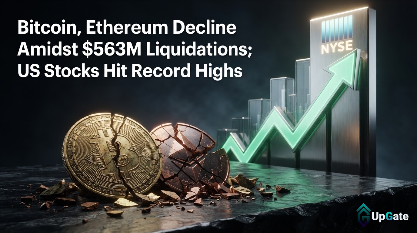 Bitcoin, Ethereum Decline Amidst $563M Liquidations; US Stocks Hit Record Highs
