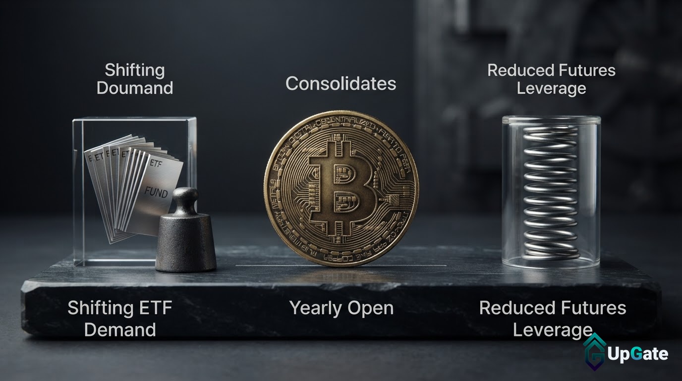Bitcoin Consolidates Near Yearly Open Amid Shifting ETF Demand and Reduced Futures Leverage